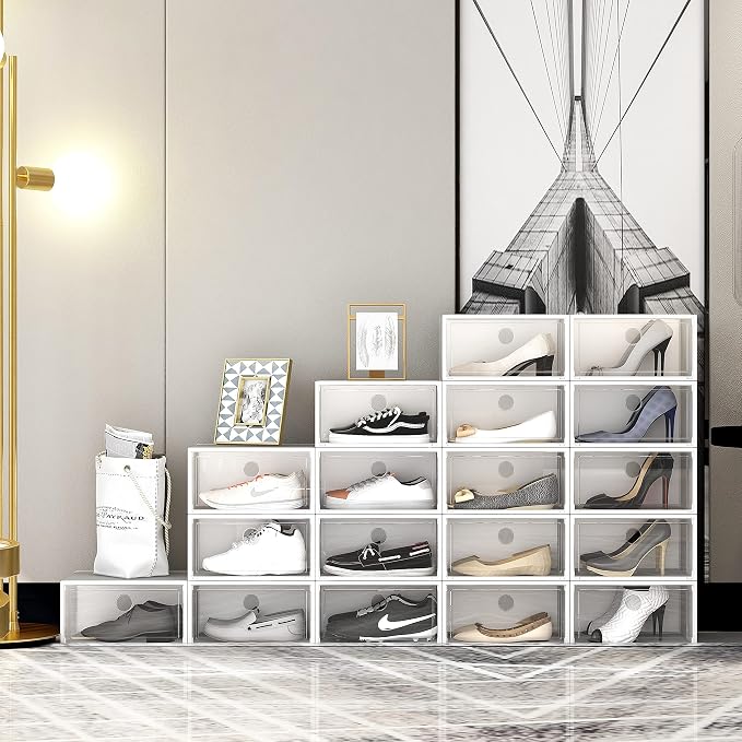 SEE SPRING XX-Large Shoe Storage Box Fit Size 13, Clear Plastic Stackable Shoe Organizer for Closet, Space Saving Sneaker Shoe Rack Containers Bins Holders for Entryway, Under Bed, 12 Pack Clear