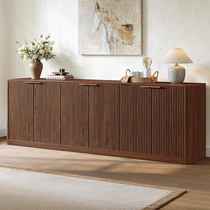 Evermagin 94.5" Fluted Walnut Buffet Cabinet with Storage | Mid-century modern wood sideboard, large credenza with 6 doors for kitchen or living room, 94.5"W x 31.5"H x 15.7"D