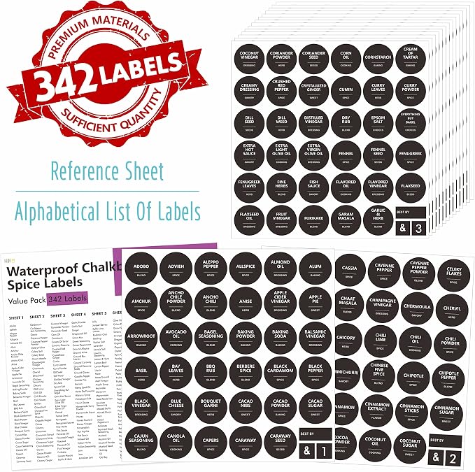 Hebayy 342 Removable Spice Labels,304 Pre-Printed Herb Seeds Seasoning Sauce Oil Vinegar Round Stickers,38 Blank Ones,Waterproof Oil & Tear Resistant,No Residue for Kitchen Pantry Containers Jars