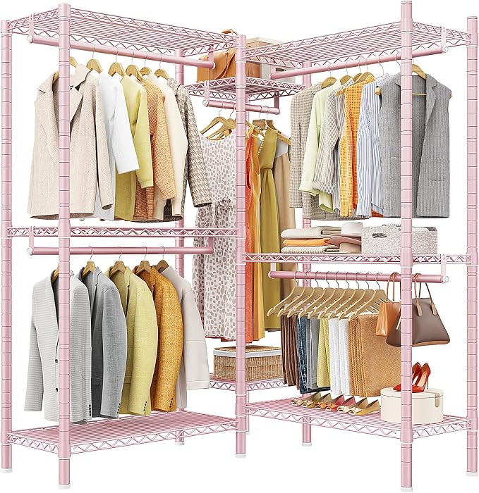 Raybee Clothes Rack, Clothing Racks for Hanging Clothes, L Shaped Clothing Rack for Corner 900LBS Heavy Duty Clothes Rack Garment Rack 74.5" W X 18" D X 77" H, Pink