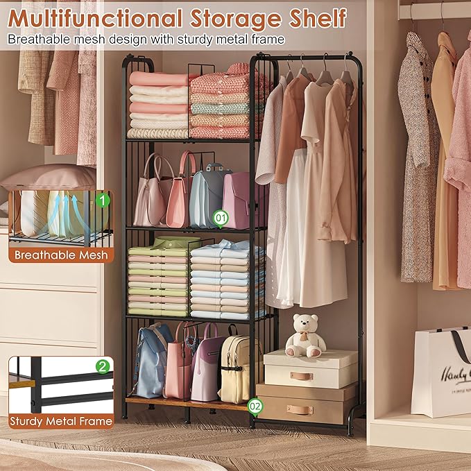 Honkazita 4-Tier Purse Storage for Closet with Adjustable Feet & Dividers, High Capacity Closet Purse Organizer for Small Place Iron & Wood Handbag Storage - Purse Organizer for Closet & Narrow Spaces