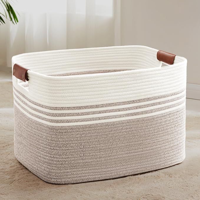 86L Large Woven Laundry Basket Hamper with Leather Handles,Brown | 24"x16"x14", collapsible wicker hamper, storage for dirty clothes, toys, blankets, gifts, living room, bedroom, bathroom
