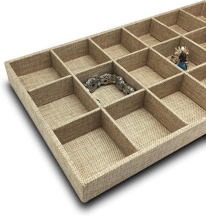 The Display Guys - Stackable Jewelry Tray and Organizer - for Drawers, Dressers, Store Display (18 Compartments, Beige Burlap)