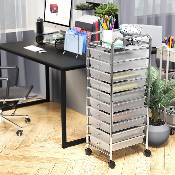 Simple Houseware 10 Drawers Rolling Utility Cart Organizer, Chrome | 1-Column, 36" Height, Lockable Wheels, for School, Office, Art Craft, and Paper Storage