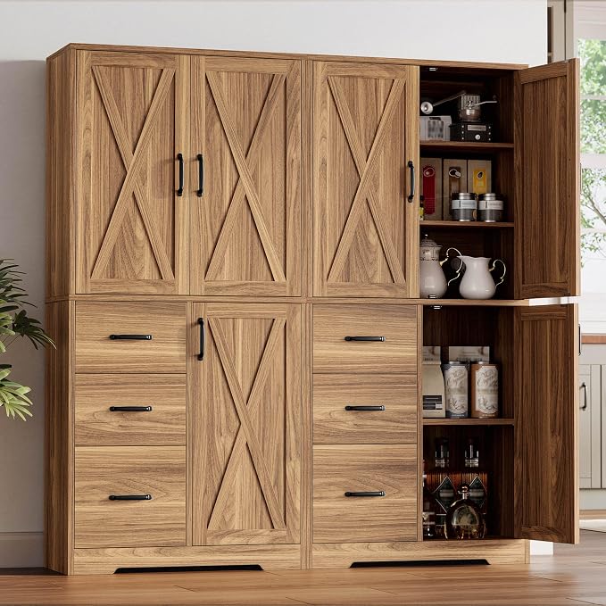 IRONCK Pantry Cabinet, 67.5 inch Tall Storage Cabinet with 3 Doors & Drawers, Farmhouse Kitchen Cabinet with Adjustable Shelves, 5 Tier Freestanding Cupboard for Kitchen, Oak Brown