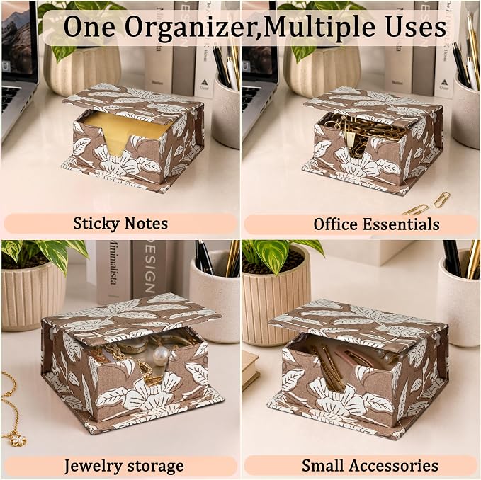 Ridhi Block Print Oak Brown Sticky Note Holder Box for Desk, Aesthetic Memo Pad Organizer, Sticky Note Box Decorative Office Accessory, Stationery Gift for Teachers, Students, Professionals