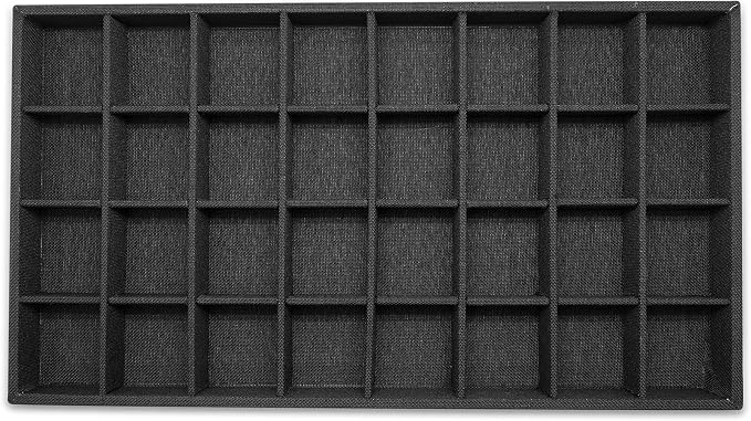 The Display Guys - Stackable Jewelry Tray and Organizer - for Drawers, Dressers, Store Display (32 Compartments, Black Burlap)