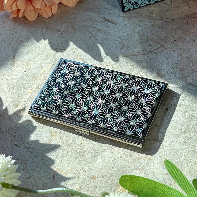 Mother of Pearl Business Card Case Credit Id Name Holder Travel Wallet Art Painting Design Metal Stainless Steel Engraved Slim Purse Pocket Cash Money Wallet (N-Mum Bold)