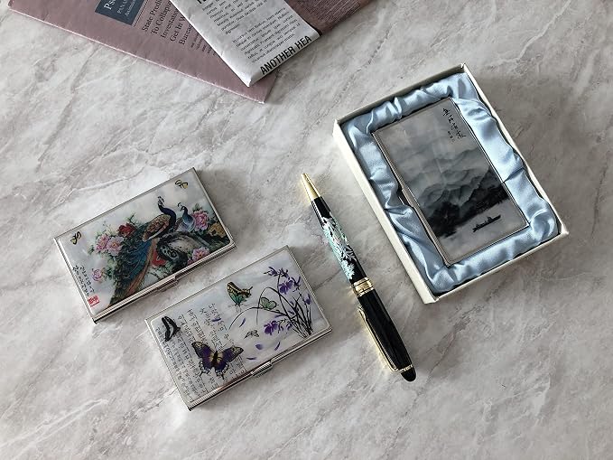Mother of Pearl Business Card Case Credit Id Name Holder Travel Wallet Art Painting Design Metal Stainless Steel Engraved Slim Purse Pocket Cash Money Wallet (Peacock)