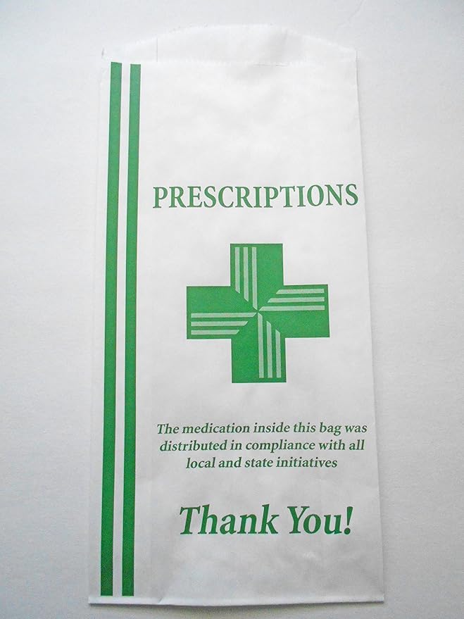 Green Health Cross - Dispensary Prescription Bags (10x5x2) Gusseted Paper Pharmacy Bag, Medication Packaging for Drug Stores, Designed with Collectives in Mind - With Compliance Statement (100)