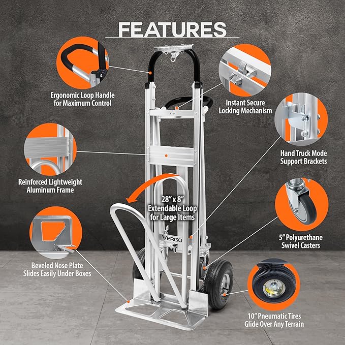Vergo Industrial Convertible Hand Truck - AS7A2 Heavy Duty Aluminum 3 in 1 Dolly (750 lb Capacity) Lightweight Frame, Ergonomic Handle, Extendable Loop, Versatile Moving Cart (3 Positions, 53" High)
