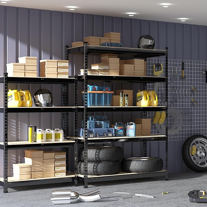 PrimeZone 2 Pack Heavy Duty Storage Shelves - 47"W x 18"D x 71"H 5 Tier Adjustable Garage Storage Shelving, Metal Utility Rack Organizer Shelf Unit for Warehouse Pantry Closet Kitchen Basement, Black