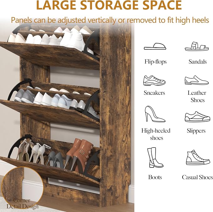 Wodeer Narrow Shoe Cabinet for Entryway, Slim Shoe Storage Cabinet with 3 Flip Drawers, Hidden Wood Shoe Cabinet Storage, Freestanding Shoe Rack Organizer Foyer, Hallway, Brown