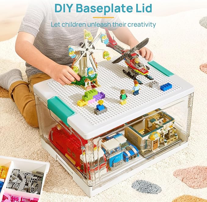 Vtopmart 24 QT Plastic Storage Box with Building Baseplate Lid and Removable Tray,Craft Organizer and Storage for Art Supplies, Beads and Sewing,2 Pack