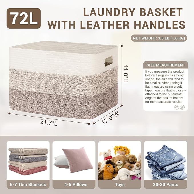 72L Large Woven Laundry Basket Hamper with Handles, Gradient Brown | 22"x17"x12", collapsible wicker hamper, storage for dirty clothes, toys, blankets, gifts, living room, bedroom, bathroom