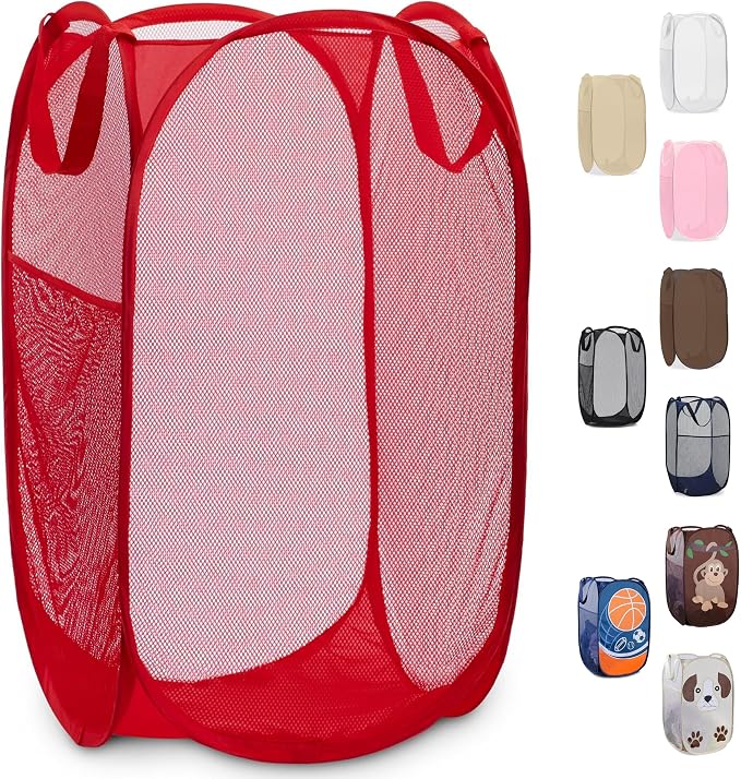 Handy Laundry Collapsible Mesh Pop Up Laundry Hamper with Side Pocket – Breathable, Space-Saving, Durable Basket for Clothes, Toys, Travel & Storage, 14 x 13 x 24 in, Red