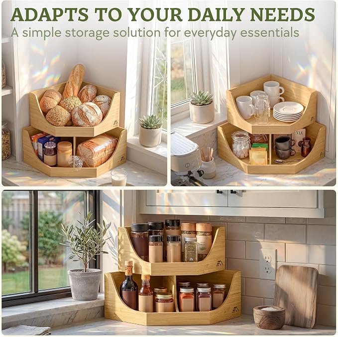 HOMESTEAD Bamboo Corner Storage Bin, 2-Tier Stackable Potato and Onion Storage Bin for Kitchen Counter Corner Shelf, Wooden Produce Storage Pantry Organizer, Fruit & Vegetable Holder, Large