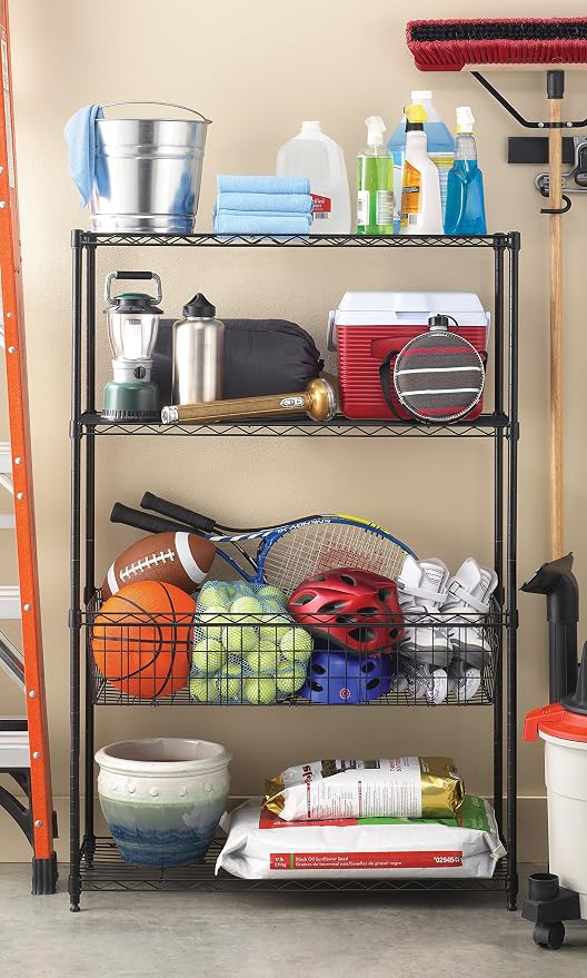 Whitmor 4-Wire Shelving Unit, Metal Storage Shelves with Basket, Easy Assembly Home Organizer for Pantry, Kitchen, Garage, Plant