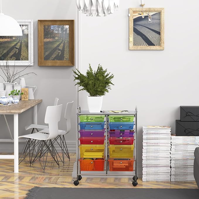 Simple Houseware 12 Drawers Rolling Utility Cart Organizer, Multicolor | 2-Column, 32" Height, Lockable Wheels, for School, Office, Art Craft, and Paper Storage