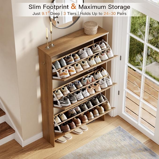 Nicetree 3-Drawer Flip Shoe Storage Tower – Slim-Profile Freestanding Rack with Adjustable 3-Tier Shelving, Rustic Shaker Barn Door Style, and Warm Caramel Finish – Compact Boot & Shoe Organizer