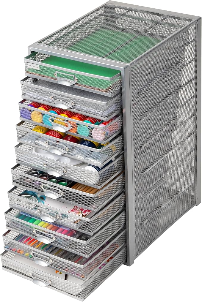 Mind Reader 10-Drawer Desk Organizer for Office Supplies, Crafts, Mail Sorting & More, Metal Mesh, Silver