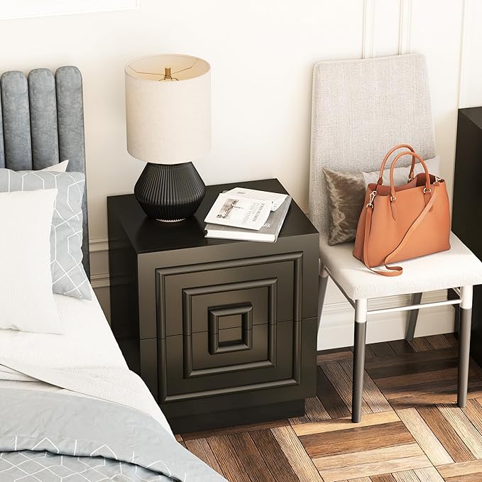 Aoikax Modern 2-Drawer Nightstand, Sculptural Rustic Nightstand with Geometric Square Pattern, Contemporary Accent End Table, Black