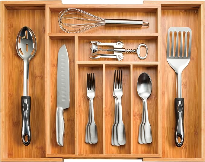 Bamboo Drawer Organizer - 8 Compartment Expandable Silverware Organizer and Utensil Holder, 17 Inch Long, 13 to 22 Inch Wide, 2 Inch Deep Kitchen Cutlery Tray Insert for Flatware Knives Large Utensils