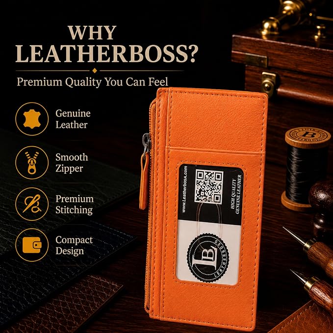 Leatherboss All in One Card Case Holder Slim Wallet With a Card Protection Strap (Orange)