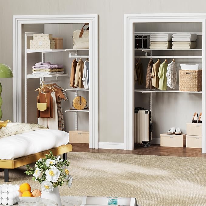 Closet System Wall Mounted 4-10.5 Ft, Heavy Duty Adjustable Wire Shelving with Hanging Rod, Custom Organizer Kit for Bedroom Laundry Mudroom, White