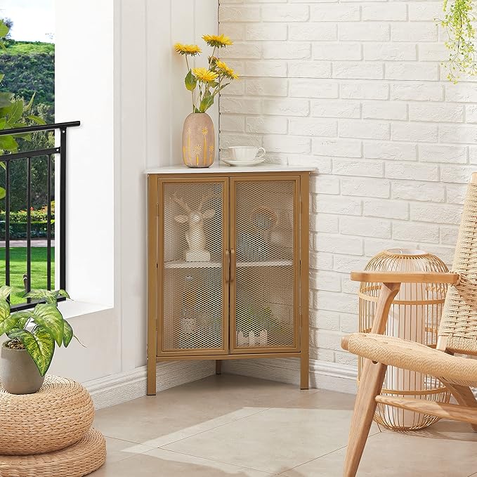 VECELO Corner Cabinet/Table, 3-Tier Display Shelves with Protection Door, Metal Frame Storage Shelf Organizer for Small Space, Living Room, Kitchen, Bathroom