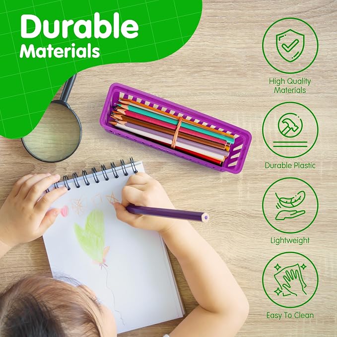 4E's Novelty 12 Pack Pencil Holder for Kids Desk, Colorful Plastic Pen Baskets Tray for Organizing Classroom Supplies, Plastic Caddy for Desk and Elementary Teacher Supplies for Classroom