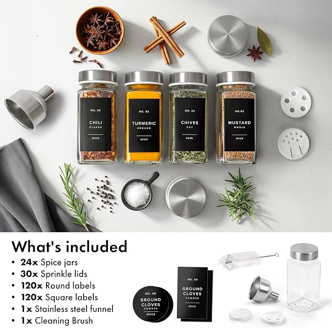 EDELHAUS Glass Spice Jars with Label, 24x Stainless Steel Lids | Airtight Lids keep spices fresh, Kitchen Spice Drawer Organizer, 4oz Seasoning Containers incl. Funnel, Brush & 240 Labels