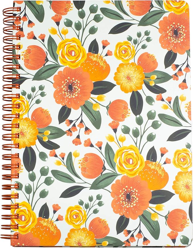 Steel Mill & Co Cute Mini Spiral Notebook, 8.25" x 6.25" Journal with Durable Hardcover and 160 Lined Pages, Orange Floral