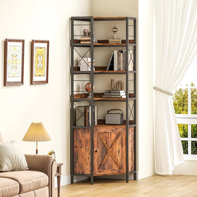 IRONCK 78 in Bookcase with Doors, Industrial Corner Bookshelf with Storage | Tall Bookcases with Baffles. L Shaped Bookshelves with 90° Corner Design. 6-Tier Corner Display Shelf for Home Office.