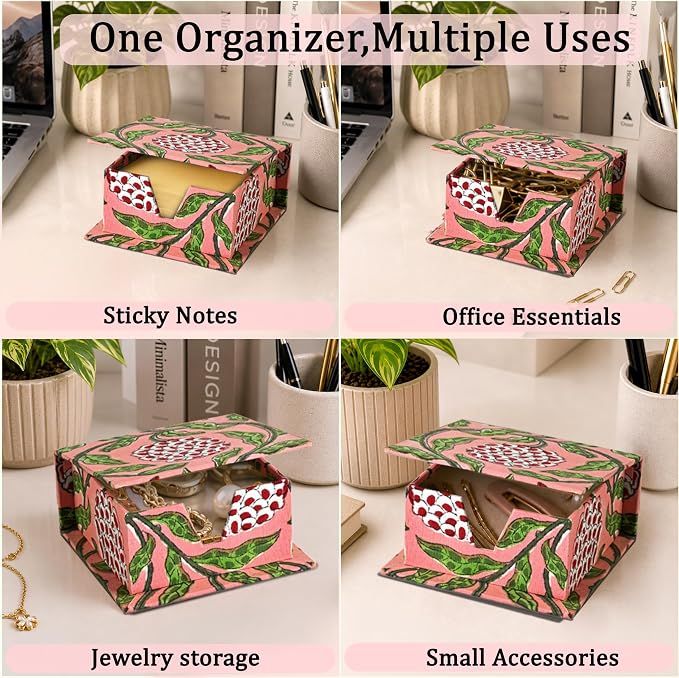 Ridhi Block Print Strawberry Pink Sticky Note Holder Box for Desk, Aesthetic Memo Pad Organizer, Sticky Note Box Decorative Office Accessory, Stationery Gift for Teachers, Students, Professionals