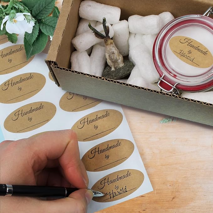 ChromaLabel 1 x 2 Inch Oval Kraft Handmade By Name Labels, 112 Pack | Kraft oval labels with a write-in name line for crafts, gifts, packaging and handmade products. Made in USA