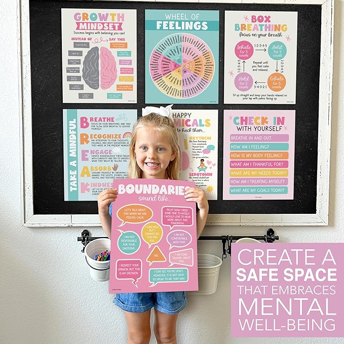 Hadley Designs 9 Mental Health Posters for Classroom - School Counselor Office Must Haves, Mental Health Therapy Office Decor, Growth Mindset Posters, Wheel of Feelings Chart, Pastel Classroom Decor