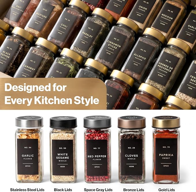 EDELHAUS Glass Spice Jars with Label, 24x Gold Stainless Steel Lids | Airtight Lids keep spices fresh, Kitchen Spice Drawer Organizer, 4oz Seasoning Containers incl. Funnel, Brush & 240 Labels