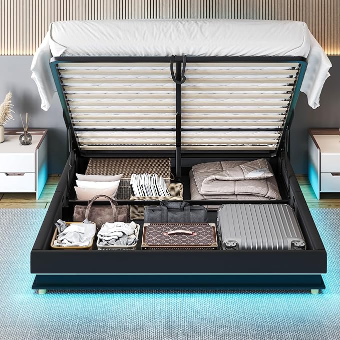 Ailisite Lift Up Storage Bed Full, Bed Frame Full Size with Charging Station & Led Lights, Upholstered Storage Bed with Wingback 2-Tier Bookcase Headboard, Hydraulic Lift, No Box Spring Needed,Black | lift up bed, breathable material