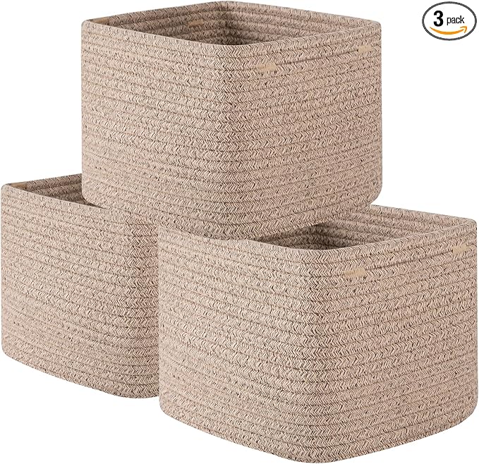 OIAHOMY 9”x9”x7” Storage Cubes, Cotton Rope Woven Baskets for Organizing, Cube Storage Bin, Small Gift Basket for Shelf, 3-Pack, Brown