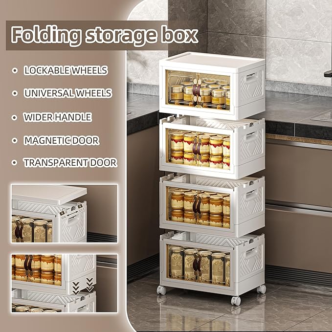 132 QT / 33 Gal Stackable Storage Bins with 1 Lid, Collapsible Plastic Organizer Cabinet with Wheels & Magnetic Doors for Closet, Home, Office – White Containers
