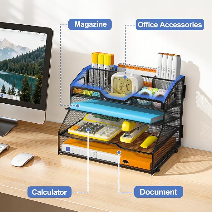 4 Tier Metal Desk Organizer with Magazine File Holder, Black | Space saving workspace desk file trays. Includes pencil holder and portable handles. Ideal for school and office supplies