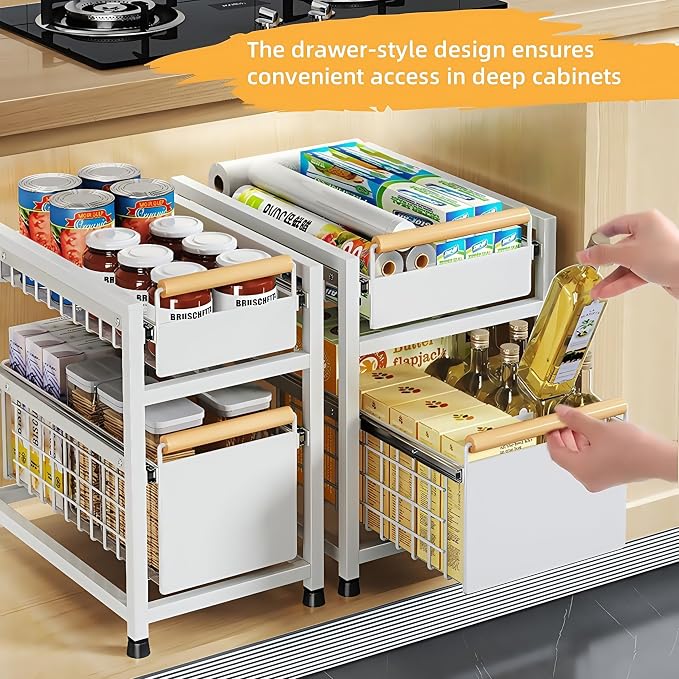 Pull Out Cabinet Organizer, Pull Out Basket Drawers for Cabinets, Slide Out Basket Drawers for Kitchen Cabinets, Under Sink Organizer for Kitchen, Bathroom (White Medium Double-tier)