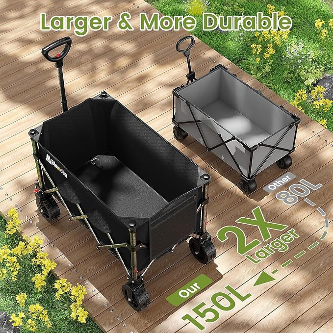 Blomoba Collapsible Wagon Cart, 150L Heavy Duty Foldable Beach Wagon with Wider Wheels & Auto-Rebound Handle, Utility Grocery Shopping Cart for Garden, Shopping, Camping, Sports, Black