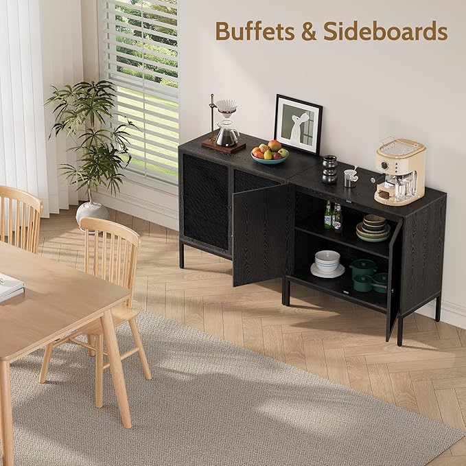 Yechen Black Rattan Buffet Cabinet with Storage, Sideboard Cabinet with Natural Rattan Decorated Doors, Accent Cane Credenza, Wooden Coffee Bar, for Living Room Entryway Kitchen, Metal Legs