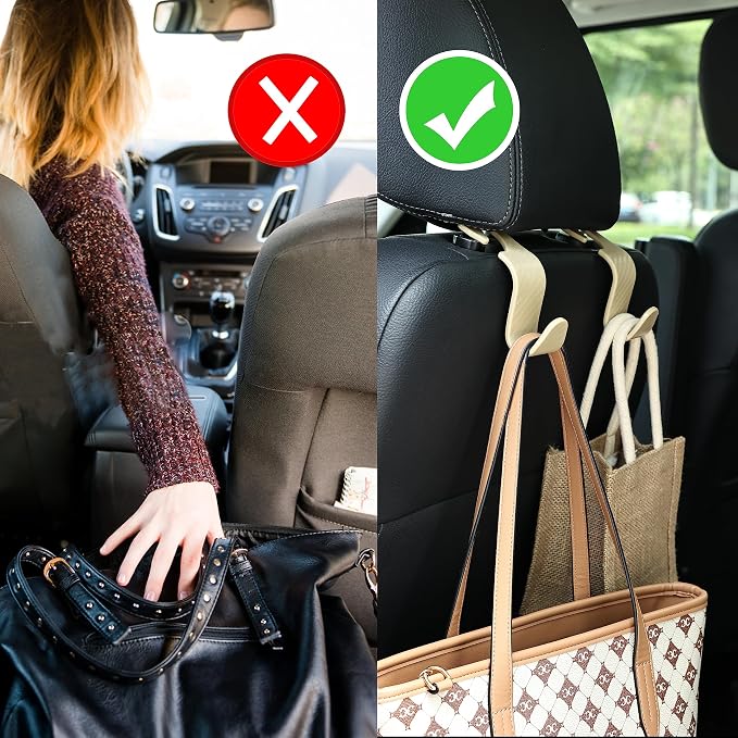 Car Seat Headrest Hook Universal Vehicle Seat Hook Hangers Interior Storage Organizer for Purse Handbag Coats Umbrellas Grocery Bags 4 Pack Beige