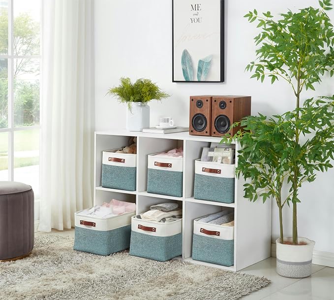 DECOMOMO Storage Bins, Large Fabric Storage Baskets for Shelves, Decorative Linen Closet Organizer, 15 x 11 x 9.5 inches (Green & White, 3 Pack)