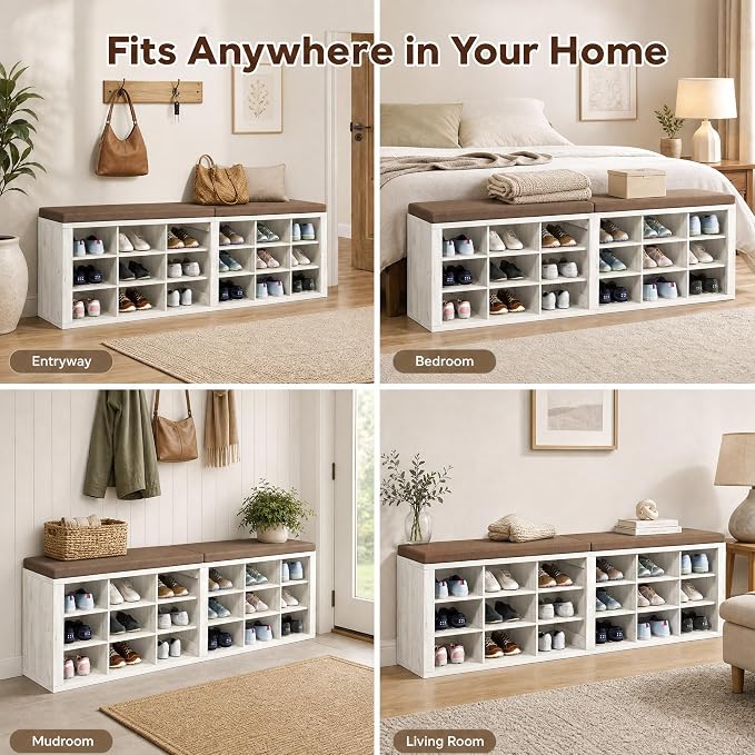 Shoe Storage Bench with Padded Seat, 18-Cubby Shoe Organizer for Entryway, 59.1" Long 700 lb Capacity, for Living Room, Bedroom, Hallway (Whiteboard with Warm Earthy Brown, Linen, Sponge)