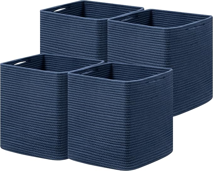 joybest 11inch Cube Storage Bins, Cotton Rope Woven Organizer Basket | Set of 4 Cube Bin Square Shelves Organizer Closet Storage, Nursery, Toy Organization, Navy Blue