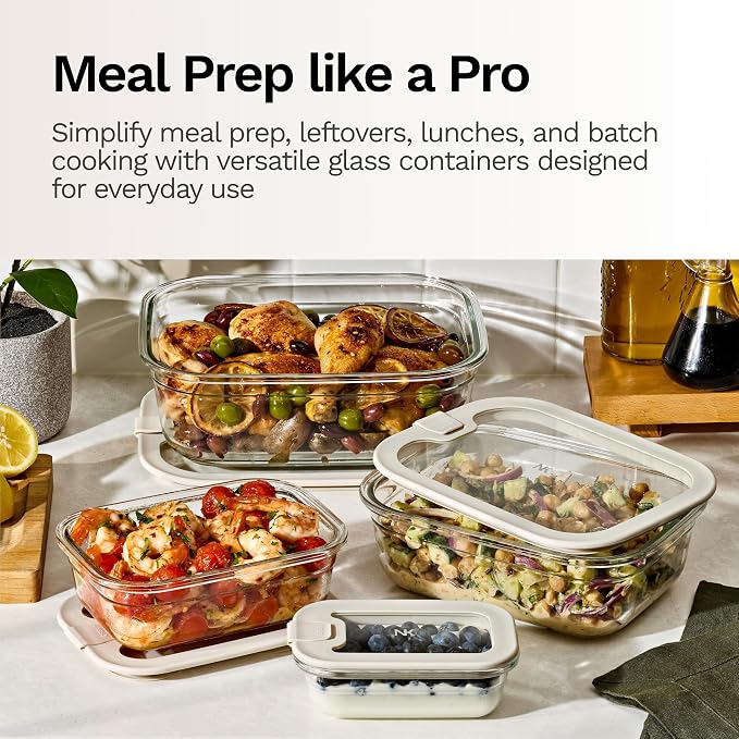 Naked Kitchen 8-Piece Food Storage Containers with Lids – Nesting Borosilicate Glass Meal Prep Containers with Leak-Proof Airtight Seal – BPA Free, Microwave, Oven, Freezer & Dishwasher Safe – Black